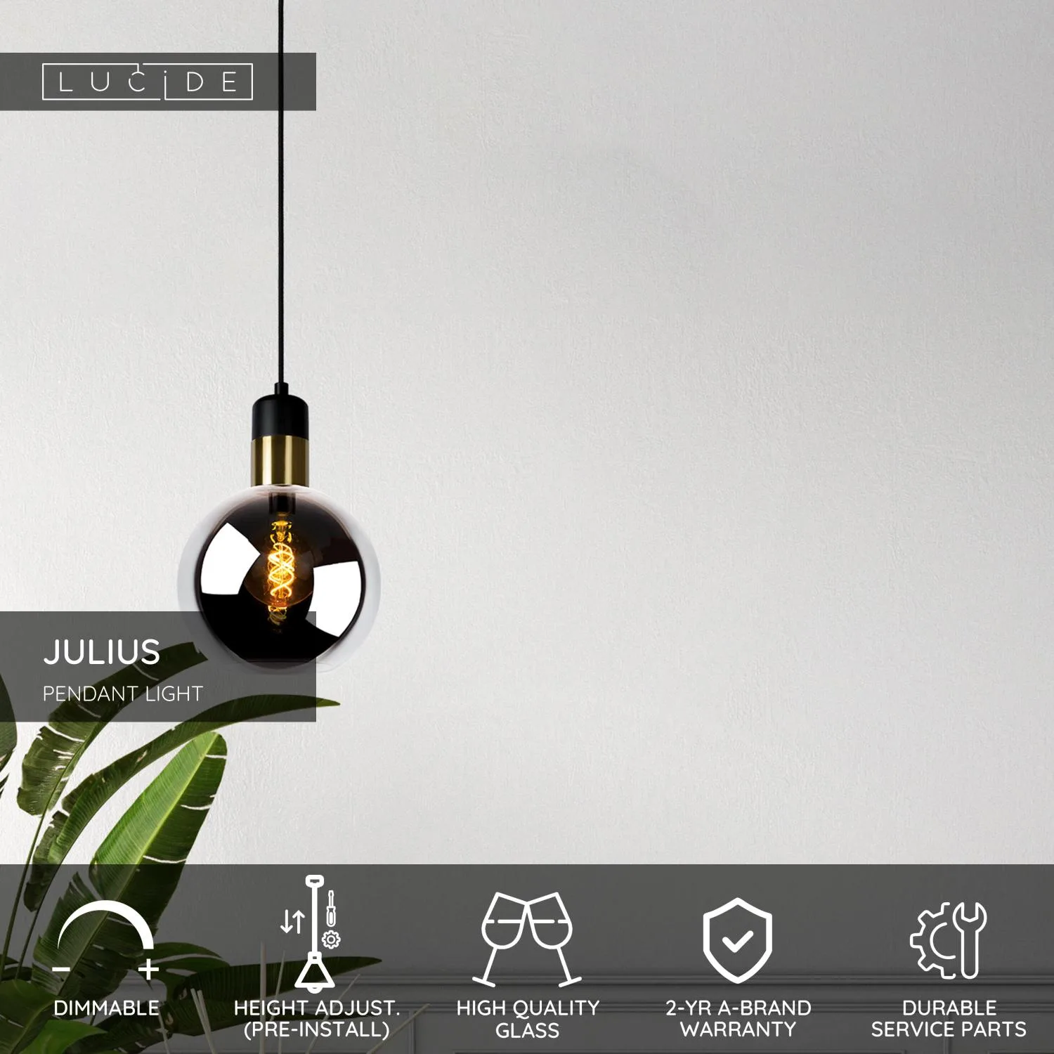 JULIUS Pendant light-Smoke .-O28-1xE27-40W-Glass – Obrázok 3