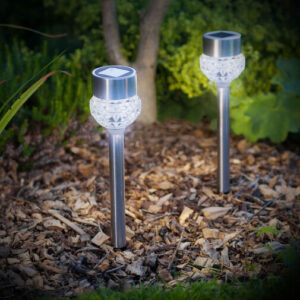 LED solárna lampa - zapichovateľná - leštený kov +